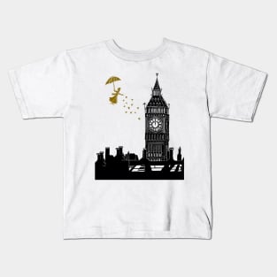 Mary Poppins and Big Ben Linocut in black and gold Kids T-Shirt